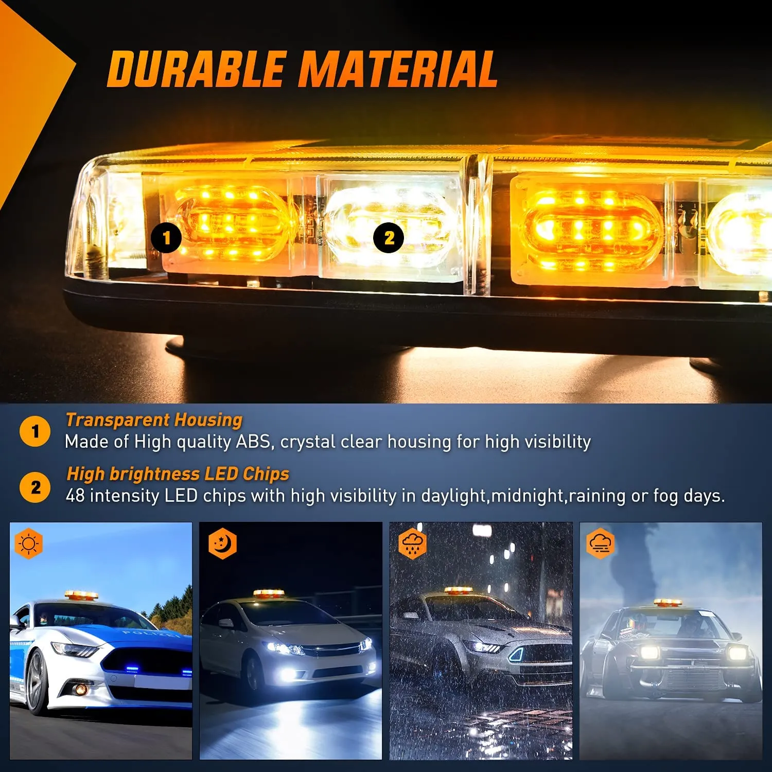 12 Inch 48 Leds Roof Top Amber Mix White Emergency Strobe Light 2PCS