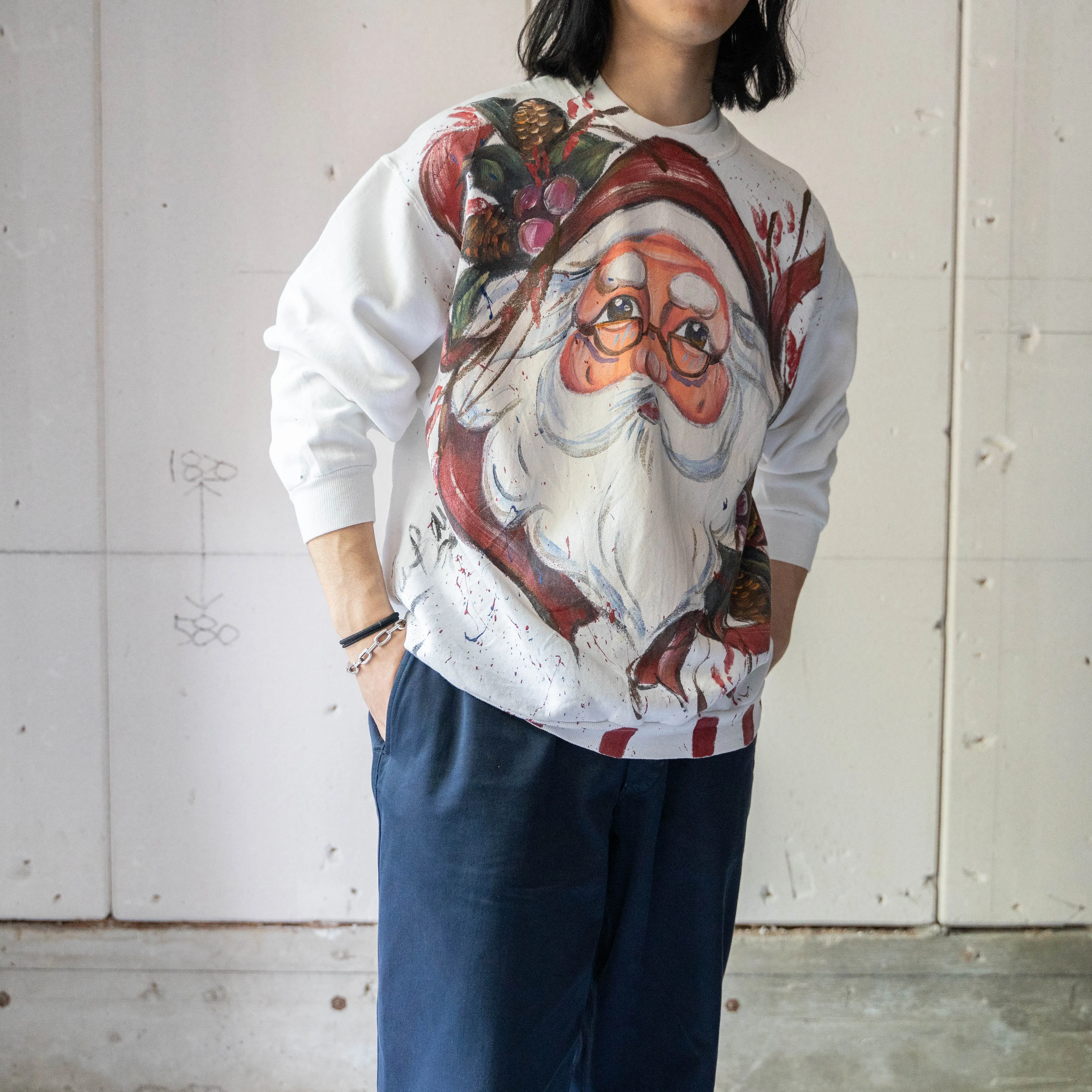 1980-90s USA  artistic hand painted sweat 'Santa Claus'
