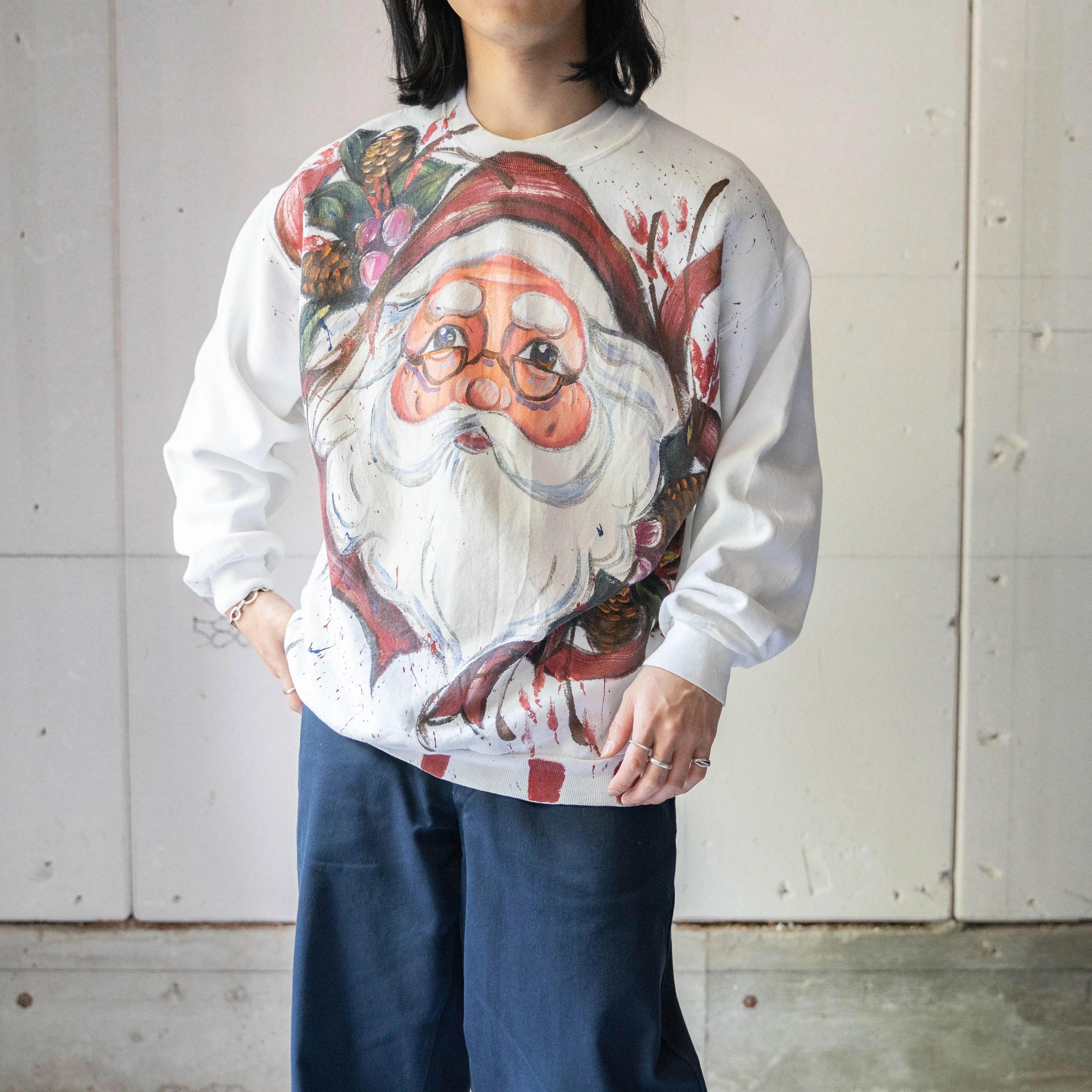 1980-90s USA  artistic hand painted sweat 'Santa Claus'