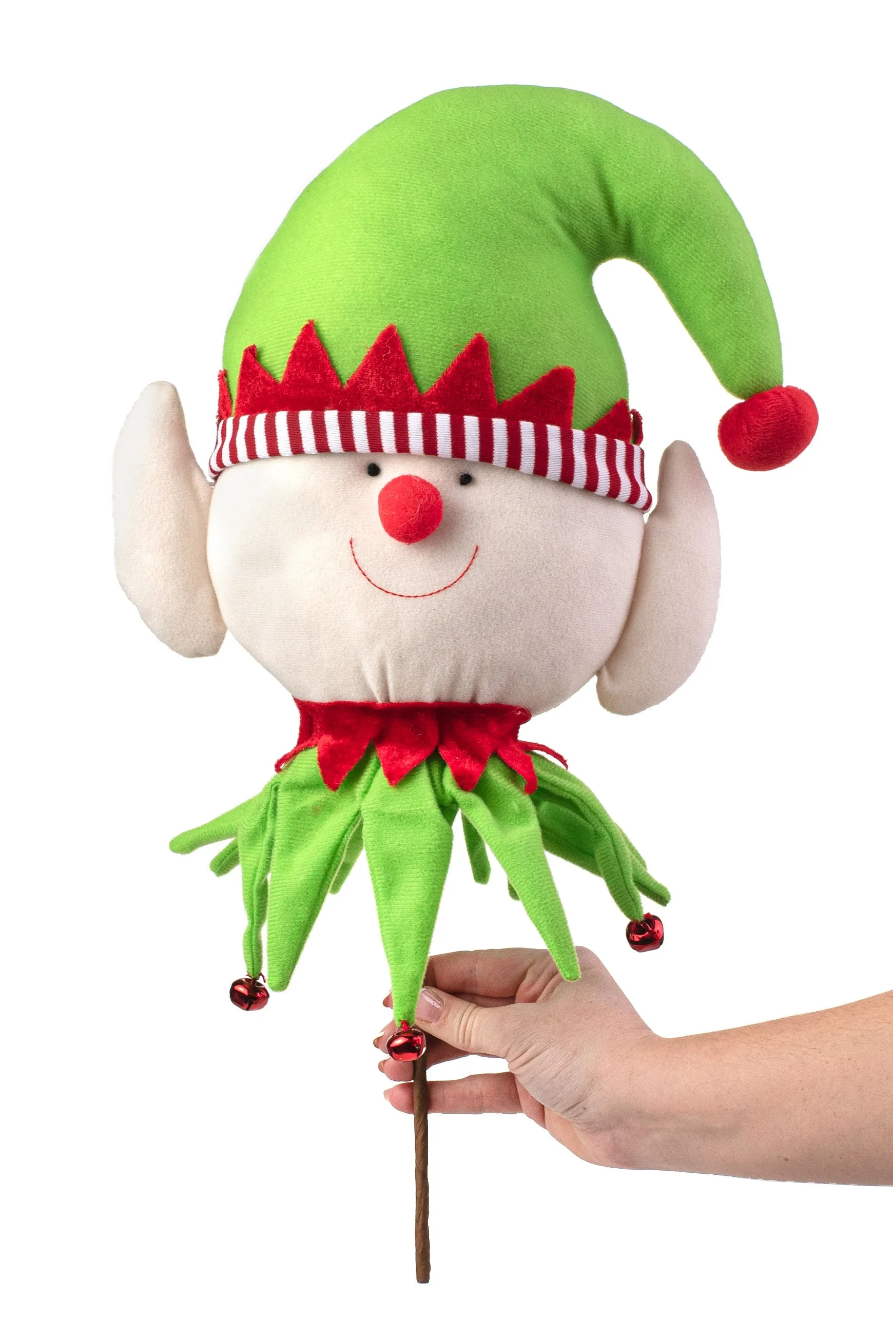 20" Fabric Elf Head With Bells Pick: Lime & Red