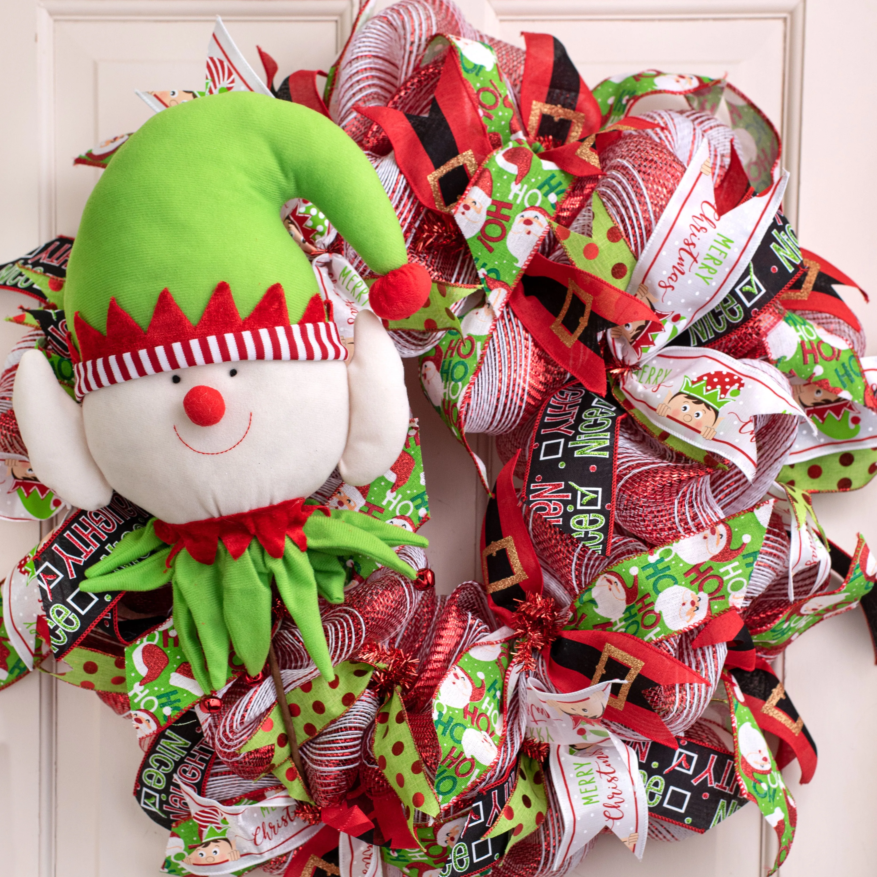 20" Fabric Elf Head With Bells Pick: Lime & Red
