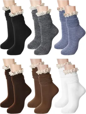 6 Pairs Women Slouch Socks - Ruffle Frilly Turn Cuff Cotton Knit Lace Trim Knee High Scrunch Boot Socks