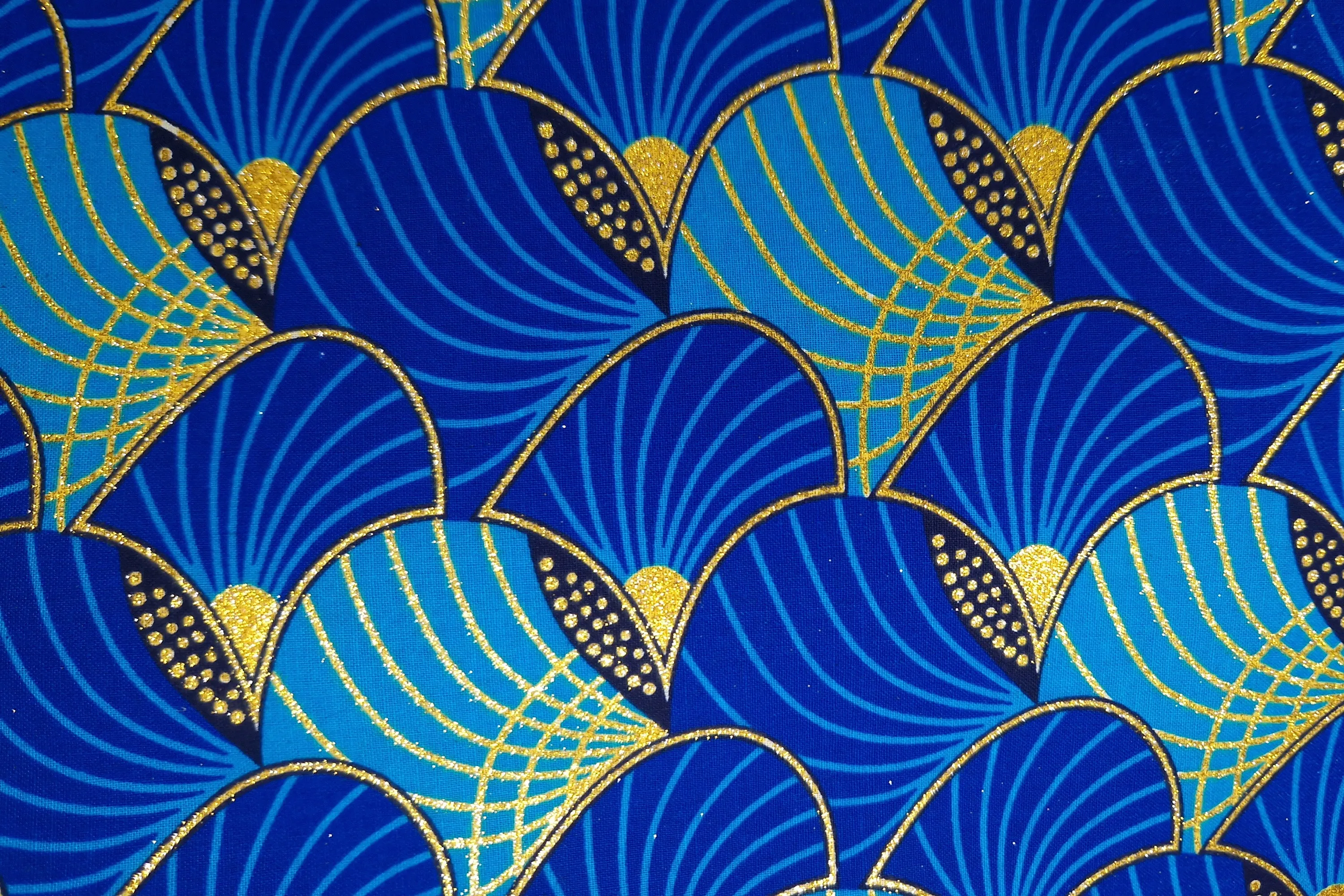 African print fabric - Exclusive Embellished Glitter effects 100% cotton - KT-3097 Gold Blue