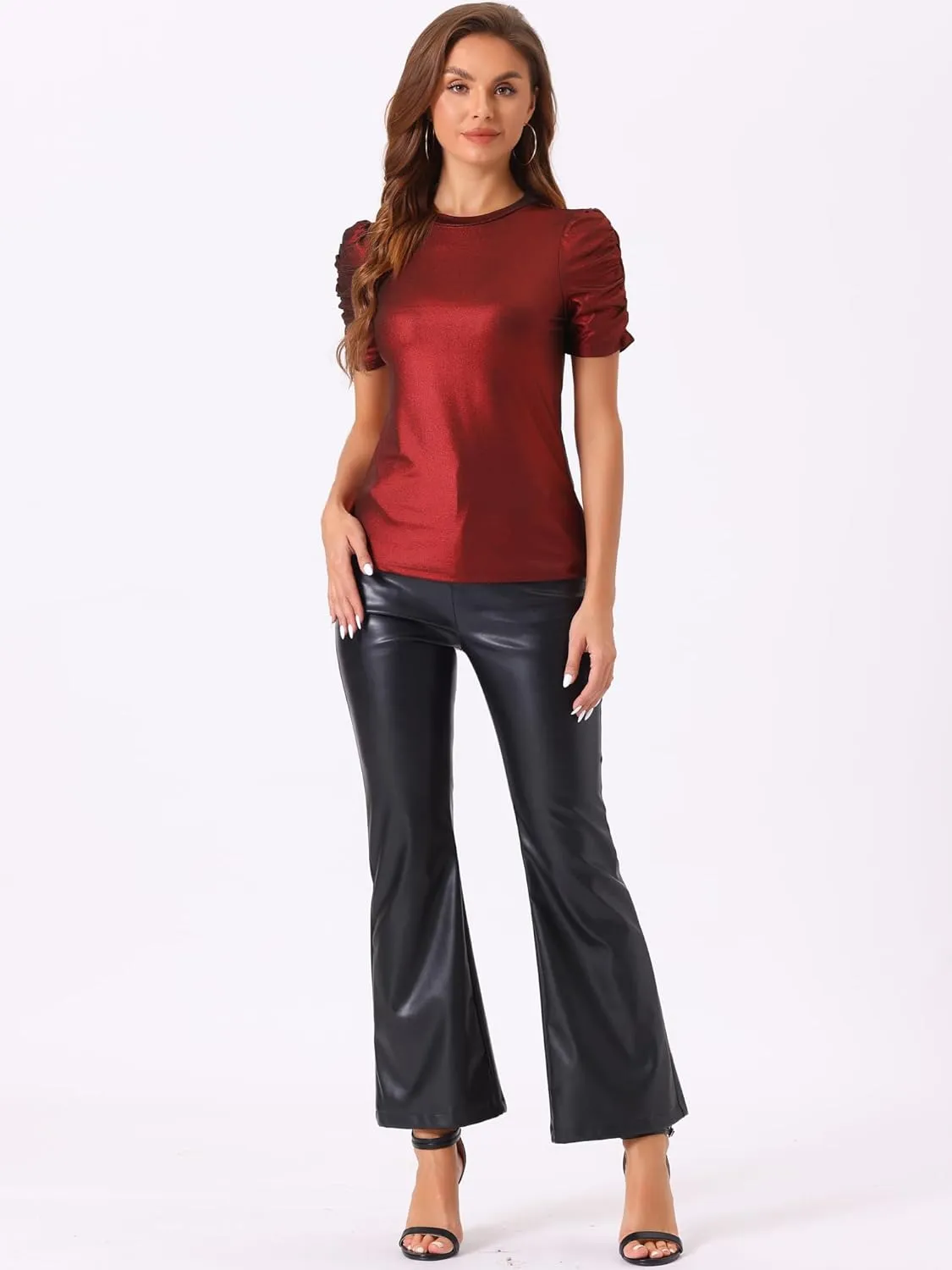 Allegra K Women's Metallic Glitter Top Christmas Round Neck Puff Sleeve Stretch Shiny Sparkly Tops