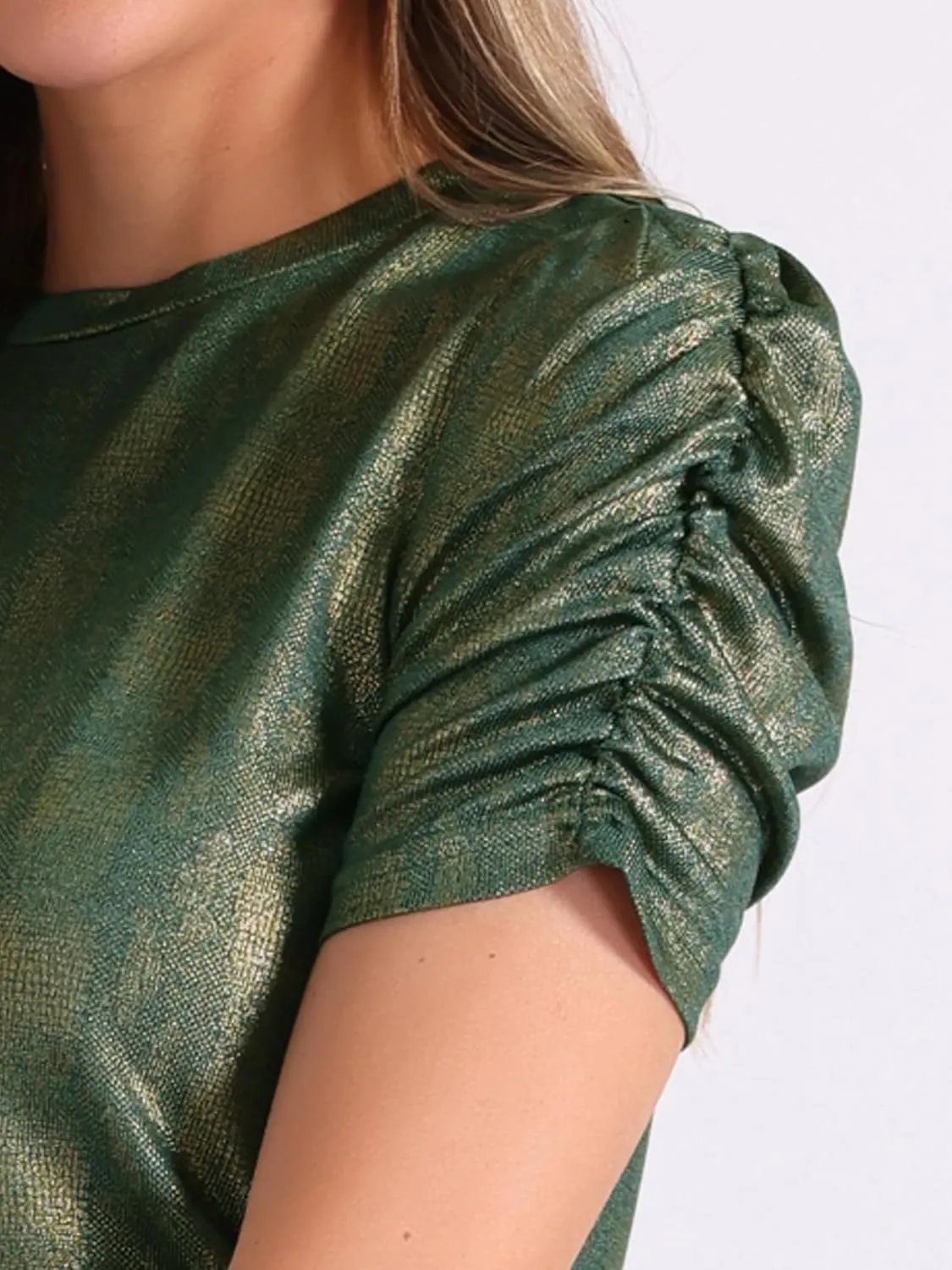 Allegra K Women's Metallic Glitter Top Christmas Round Neck Puff Sleeve Stretch Shiny Sparkly Tops