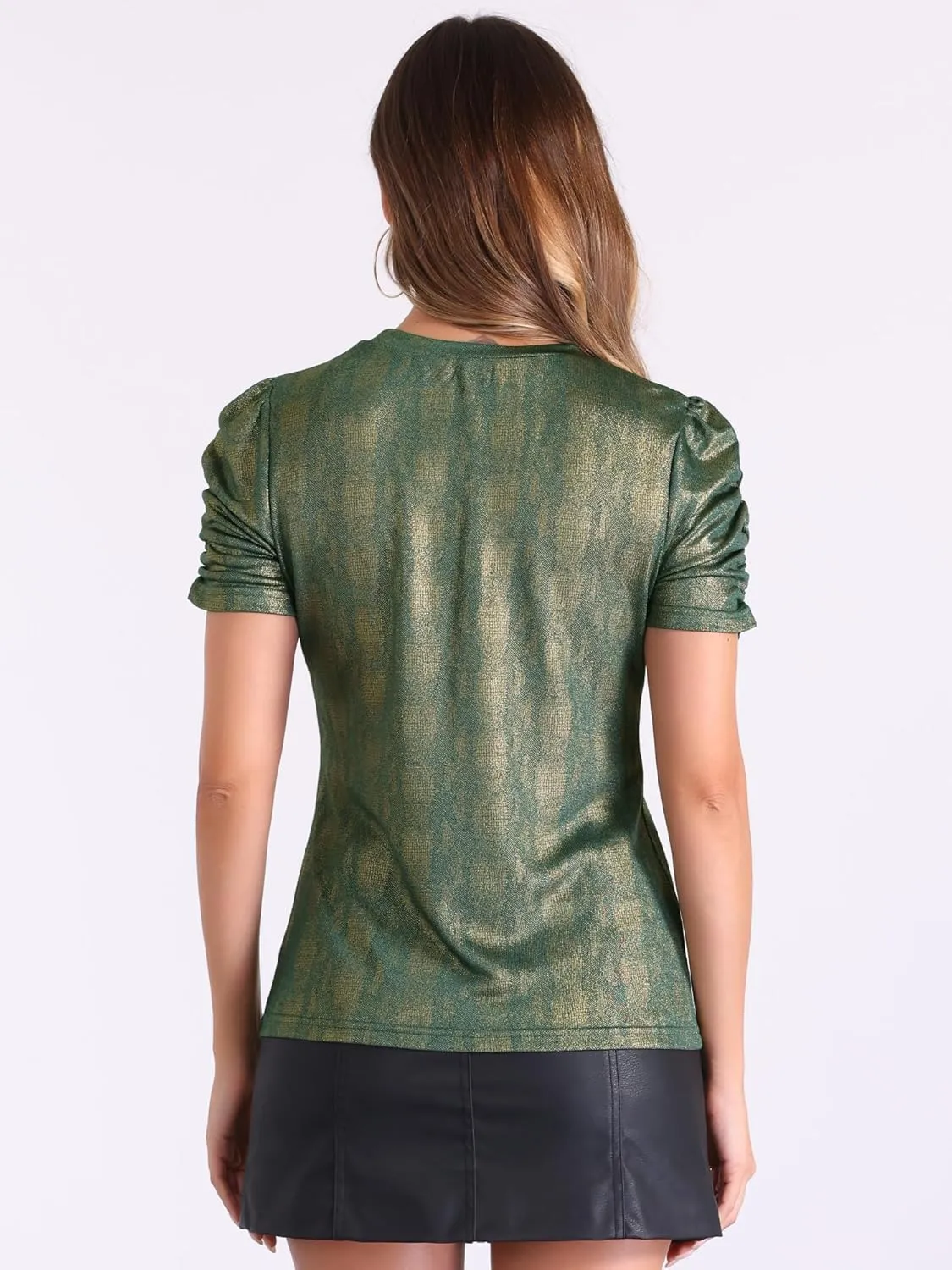 Allegra K Women's Metallic Glitter Top Christmas Round Neck Puff Sleeve Stretch Shiny Sparkly Tops