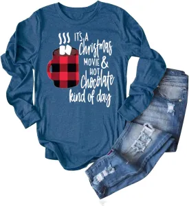 Anbech Womens Christmas Coffee Graphic Tshirt Merry Christmas Long Sleeve Vacation Tops