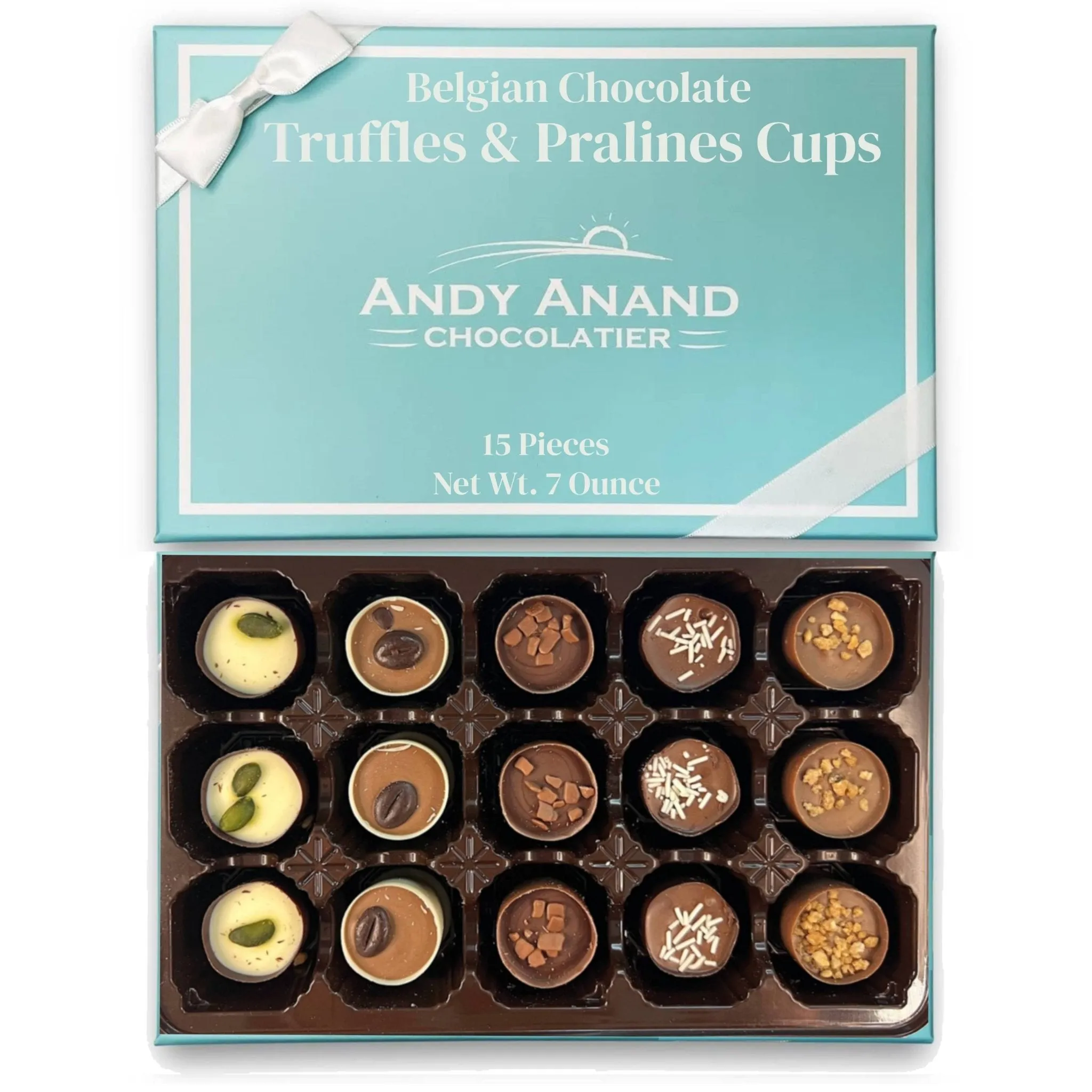 Andy Anand's 15 Pcs Belgian Chocolate Truffles & Praline Cups, Made with Freshest Cream, Fancy Imported Truffles Gift Box for Holiday Parties - Perfect for Any Occasion