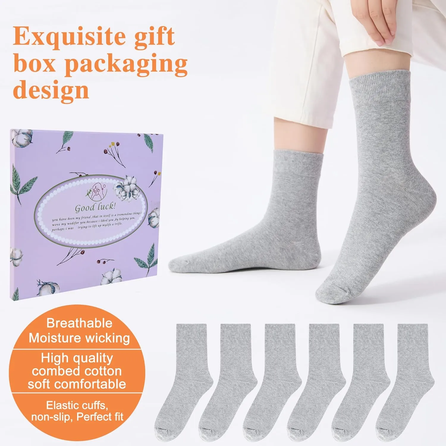 ATBITER Women's Thin Cotton Crew Socks - Soft Above Ankle Bootie Casual Dress Socks 6-Pairs With Gift Box