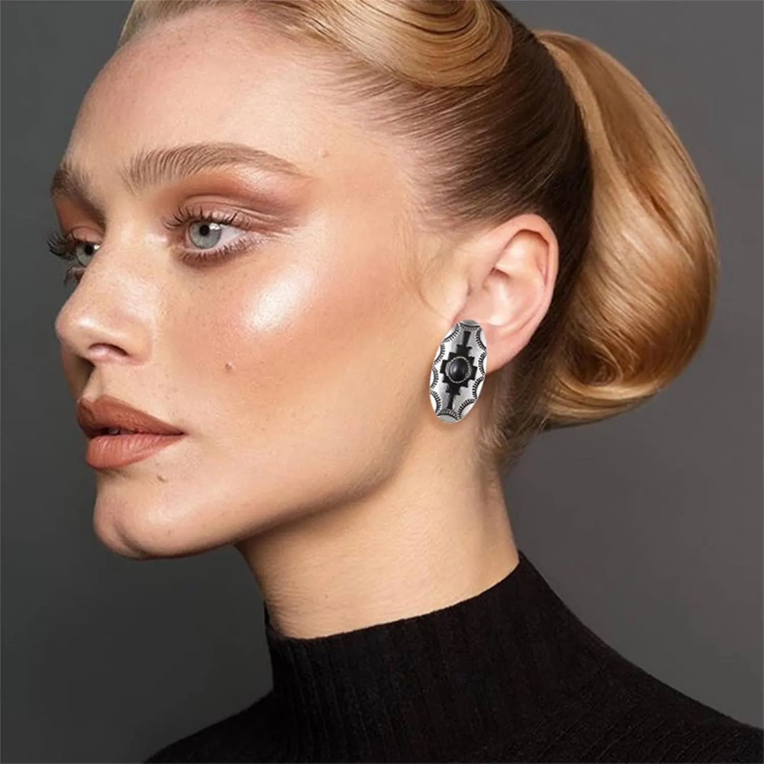 Bohemian Turquoise Earrings for Women Handmade Western Natural Turquoise Silver Earrings Vintage Statement Oval Earrings Vintage Country Western Jewelry Trendy Birthday (Black)