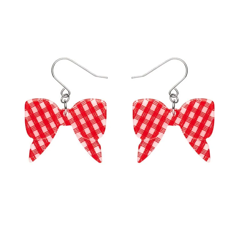 Bow Gingham Drop Earrings - Red