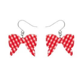 Bow Gingham Drop Earrings - Red