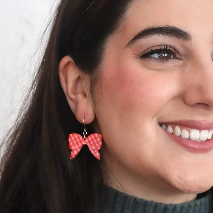 Bow Gingham Drop Earrings - Red