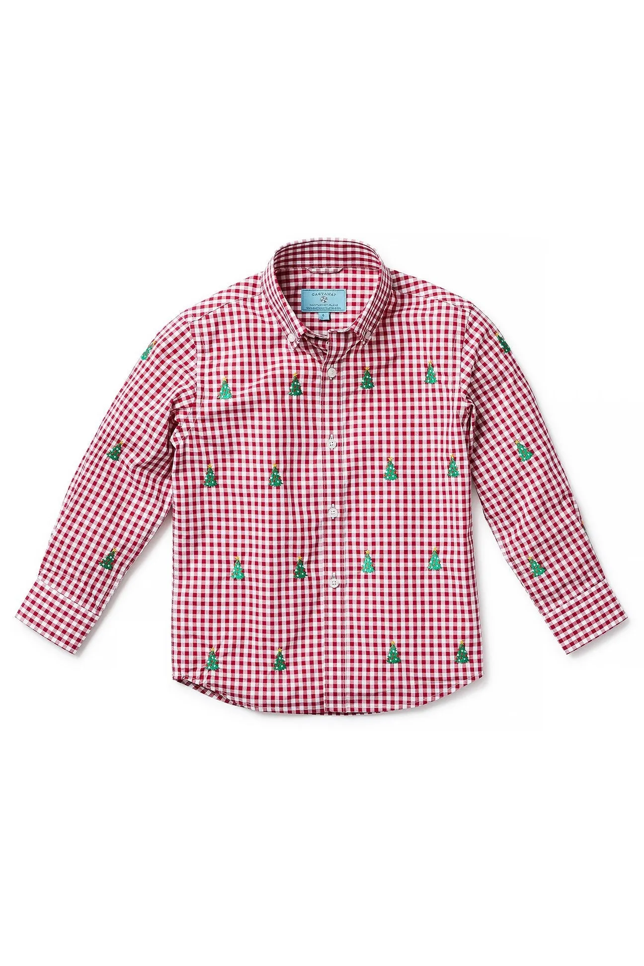 Boys James Shirt Wide Gingham Red with Christmas Tree