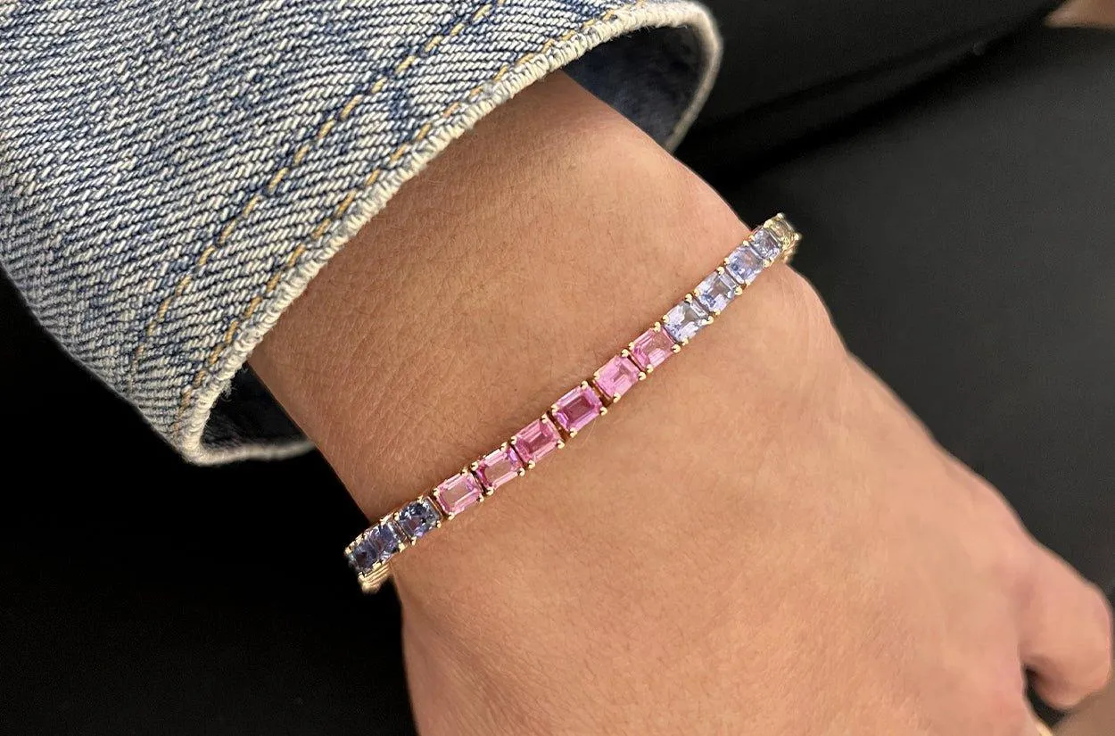 Bracelet 14kt Gold Emerald Cut Multicolor Sapphires Tennis