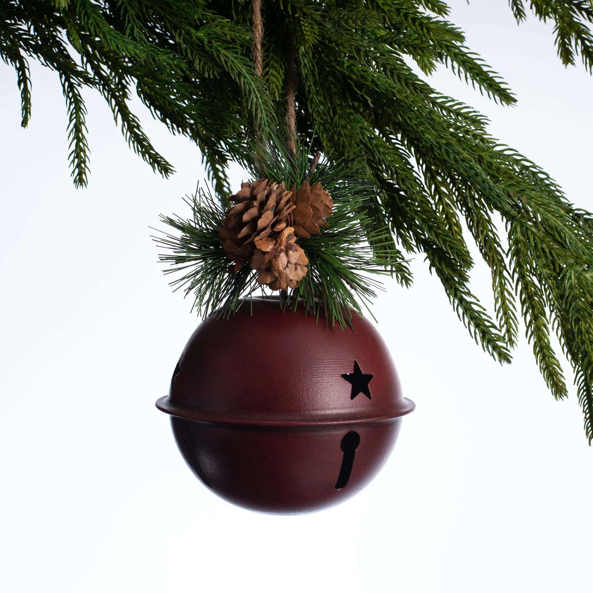 Burgundy Metal Jingle Bell with Pinecones & Greenery Farmhouse Christmas Ornament