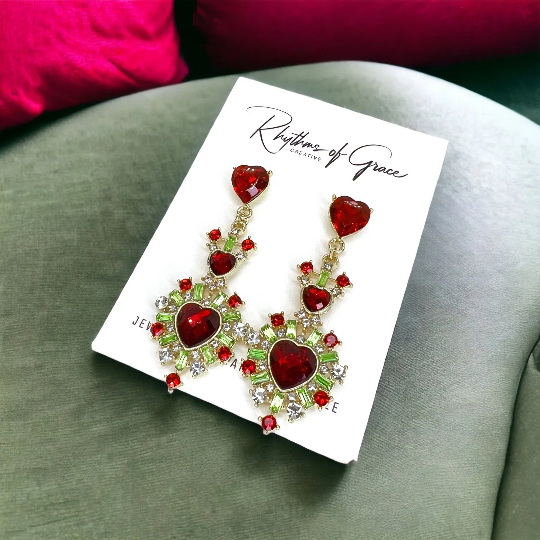 Christmas Goddess Earrings - Rhinestone Earrings, Christmas Jewelry, Christmas Earrings, Red and Green Accessories, Holiday Jewelry