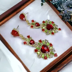 Christmas Goddess Earrings - Rhinestone Earrings, Christmas Jewelry, Christmas Earrings, Red and Green Accessories, Holiday Jewelry
