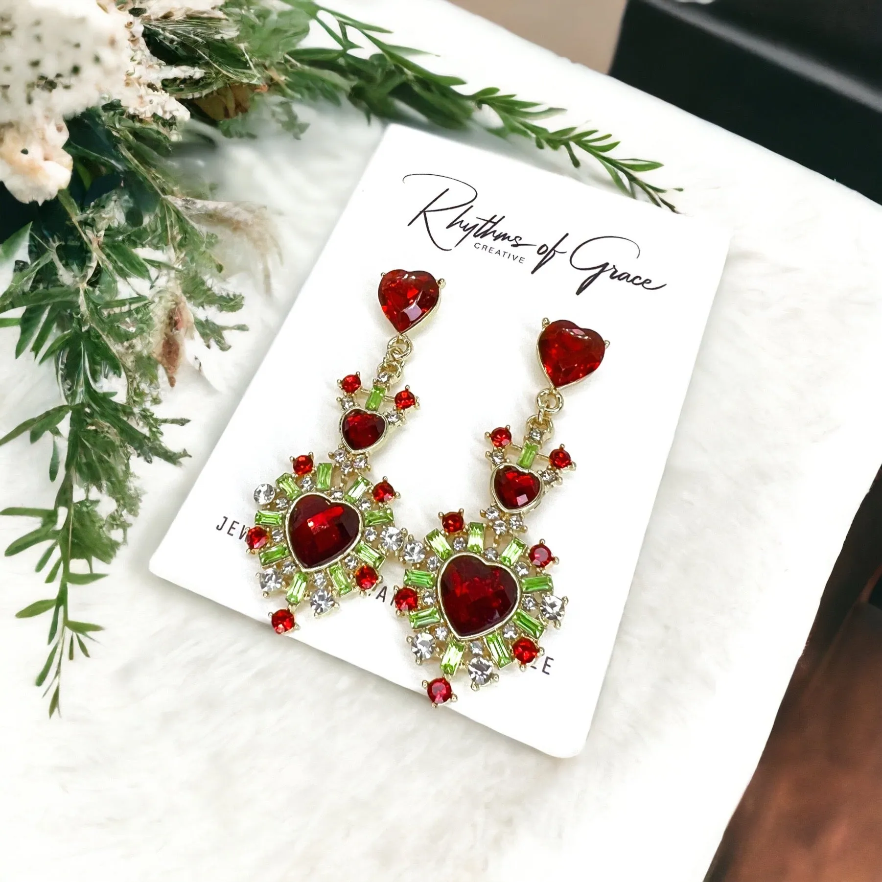 Christmas Goddess Earrings - Rhinestone Earrings, Christmas Jewelry, Christmas Earrings, Red and Green Accessories, Holiday Jewelry