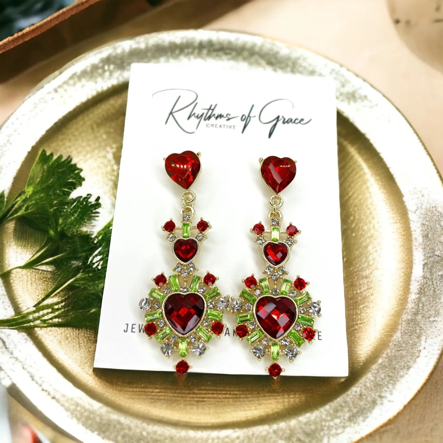 Christmas Goddess Earrings - Rhinestone Earrings, Christmas Jewelry, Christmas Earrings, Red and Green Accessories, Holiday Jewelry