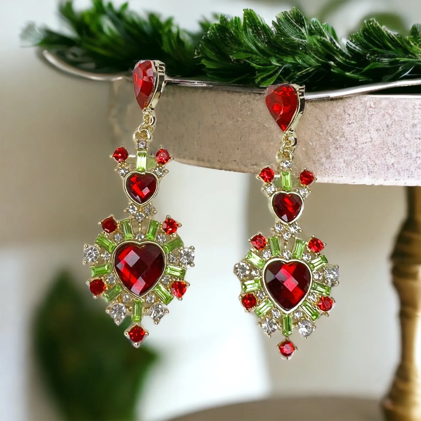 Christmas Goddess Earrings - Rhinestone Earrings, Christmas Jewelry, Christmas Earrings, Red and Green Accessories, Holiday Jewelry