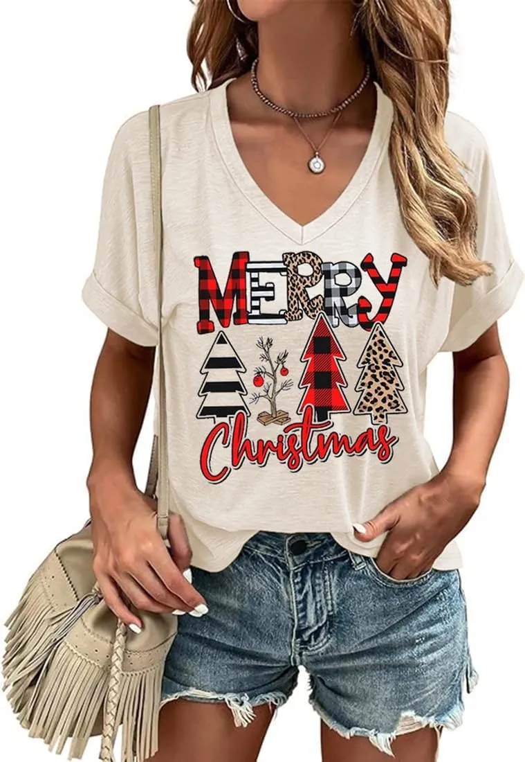 Christmas Graphic V Neck Shirt for Women Casual Holiday Short Sleeve Tee Xmas Funny Printed Winter Tshirt Tops
