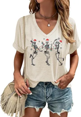 Christmas Graphic V Neck Shirt for Women Casual Holiday Short Sleeve Tee Xmas Funny Printed Winter Tshirt Tops