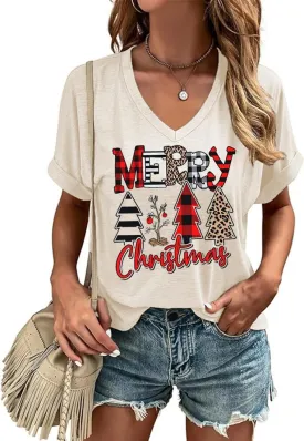 Christmas Graphic V Neck Shirt for Women Casual Holiday Short Sleeve Tee Xmas Funny Printed Winter Tshirt Tops