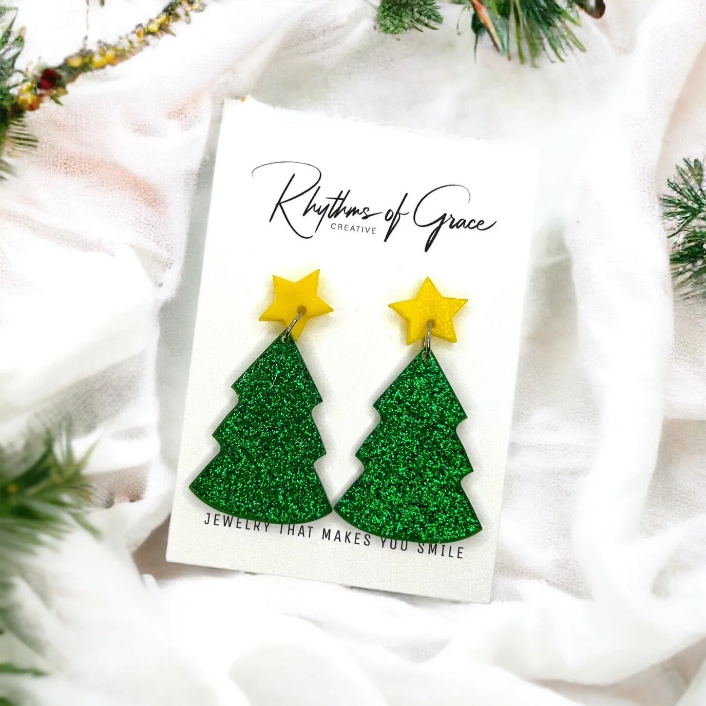 Christmas Tree Earrings - Christmas Earrings, Rhinestone Christmas, Christmas Jewelry, Christmas Jewelry, Handmade Earrings, Glitter Trees