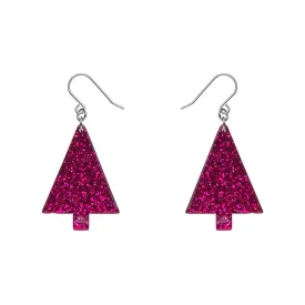 Christmas Tree Fine Glitter Drop Earrings - Pink