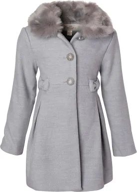 Cremson Girl Wool Look Winter Princess Bow Dress Pea Coat Jacket Faux Fur Collar