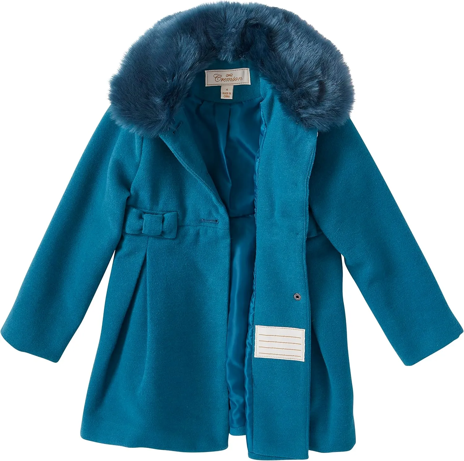 Cremson Girl Wool Look Winter Princess Bow Dress Pea Coat Jacket Faux Fur Collar