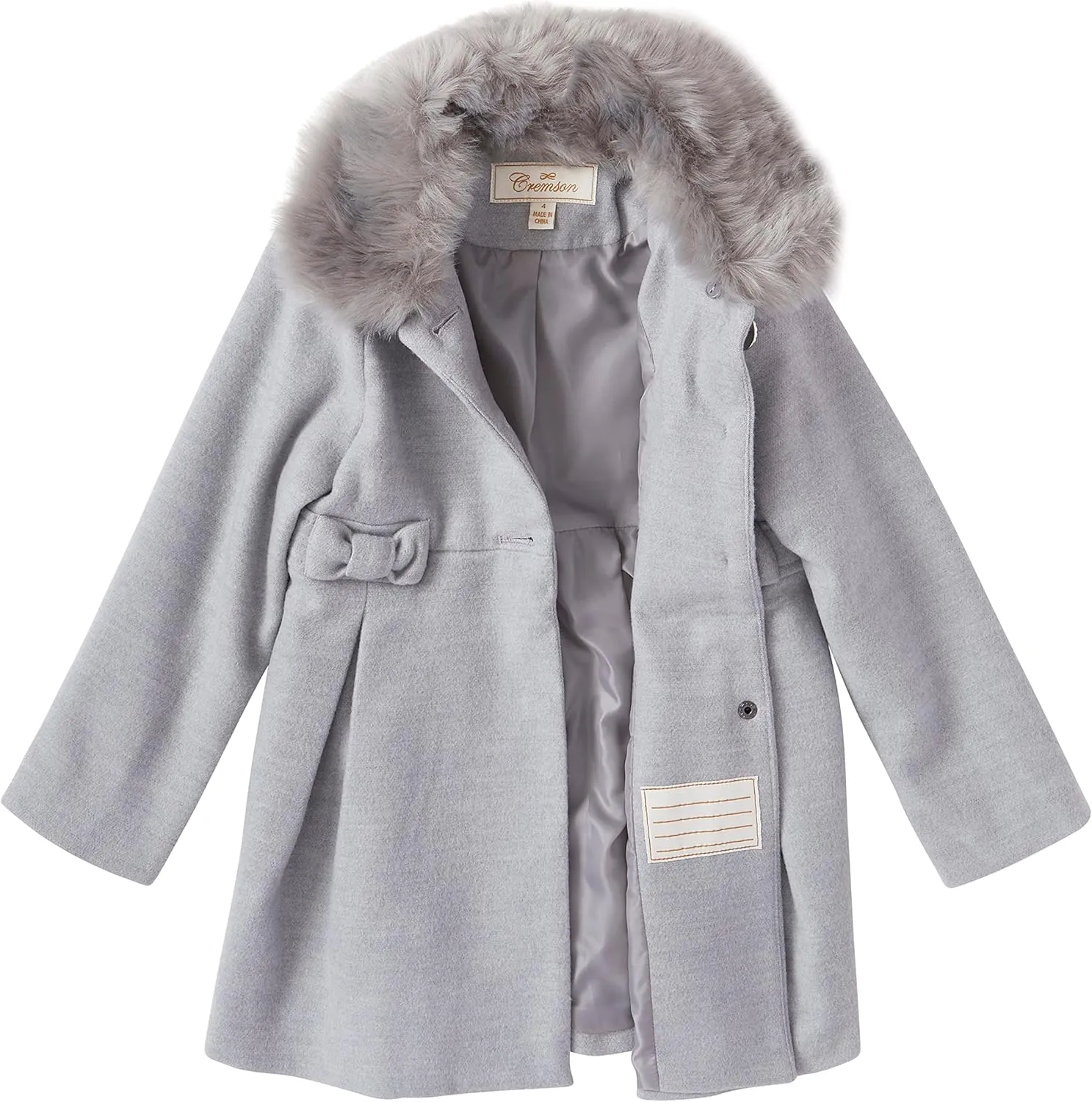 Cremson Girl Wool Look Winter Princess Bow Dress Pea Coat Jacket Faux Fur Collar