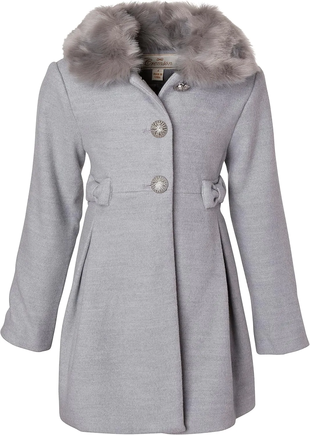 Cremson Girl Wool Look Winter Princess Bow Dress Pea Coat Jacket Faux Fur Collar
