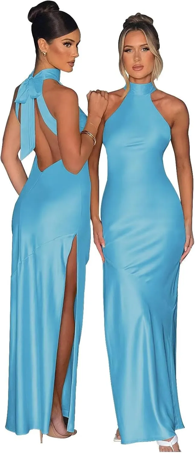 Cudiew Halter Neck Satin Bridesmaid Dresses Long Prom Dress for Women Backless Self Tie Formal Cocktail Gown with Slit