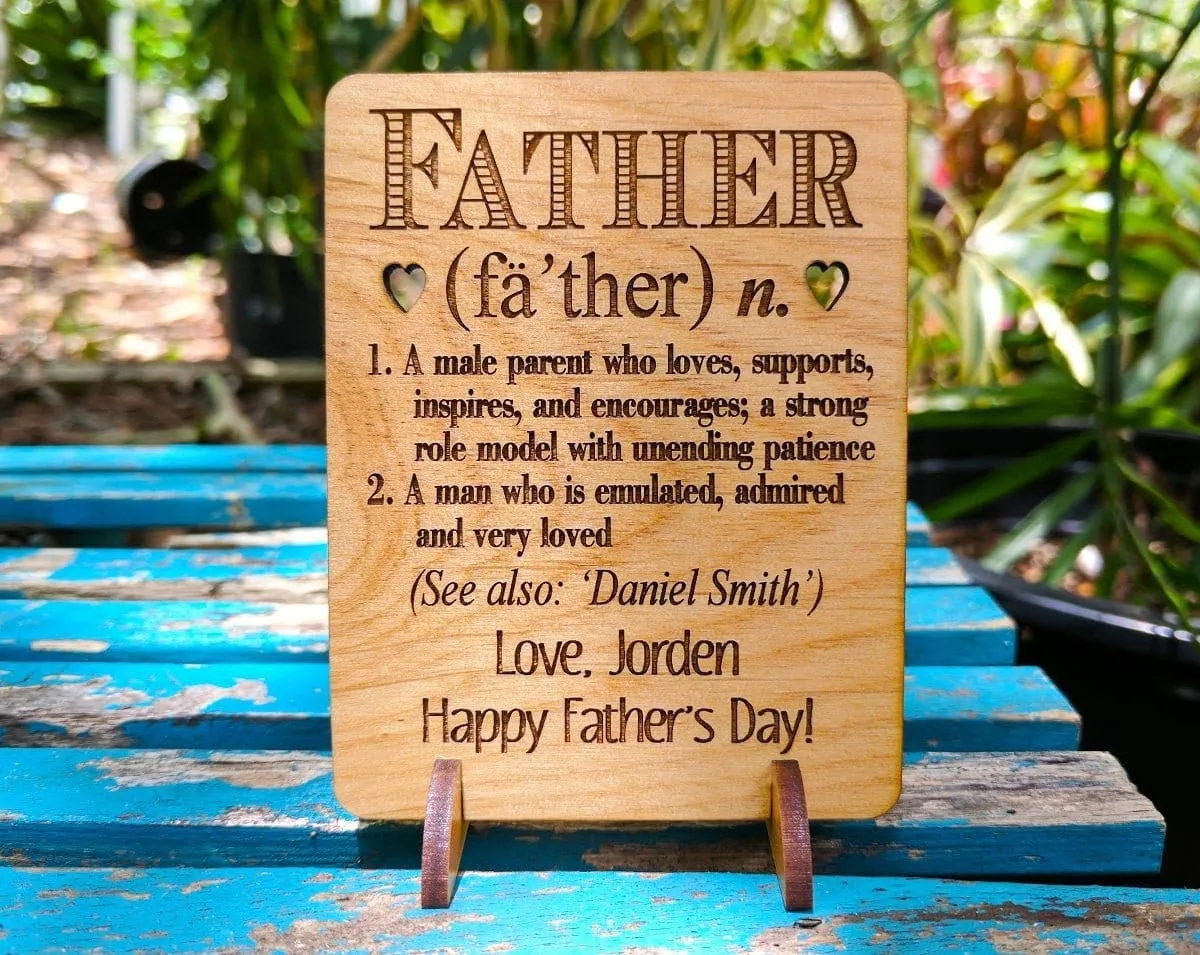 Definition of Father Personalized Fathers Day Wood Greeting Card With Stand New Dad to Be Child GIft to Parent Mens Gift Present for Daddy