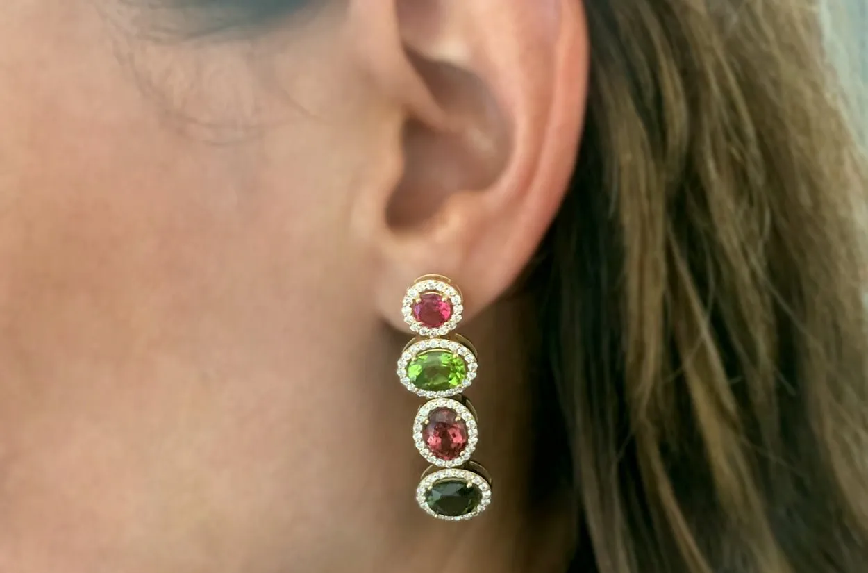Earrings 18kt Gold Oval Peridots Tourmalines & Pave Diamonds