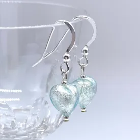 Earrings with aqua (blue) Murano glass mini heart drops on silver or gold hooks