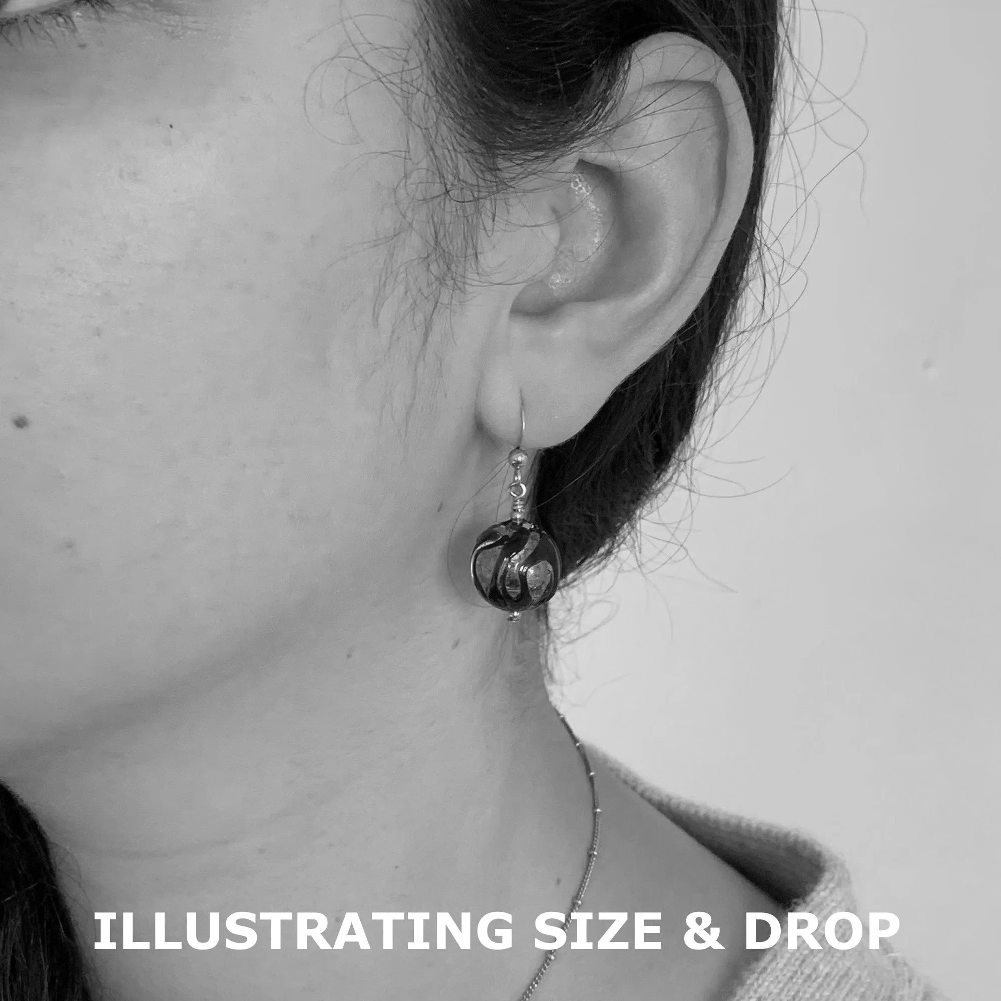 Earrings with black appliqué over white gold Murano glass small sphere drops on silver or gold