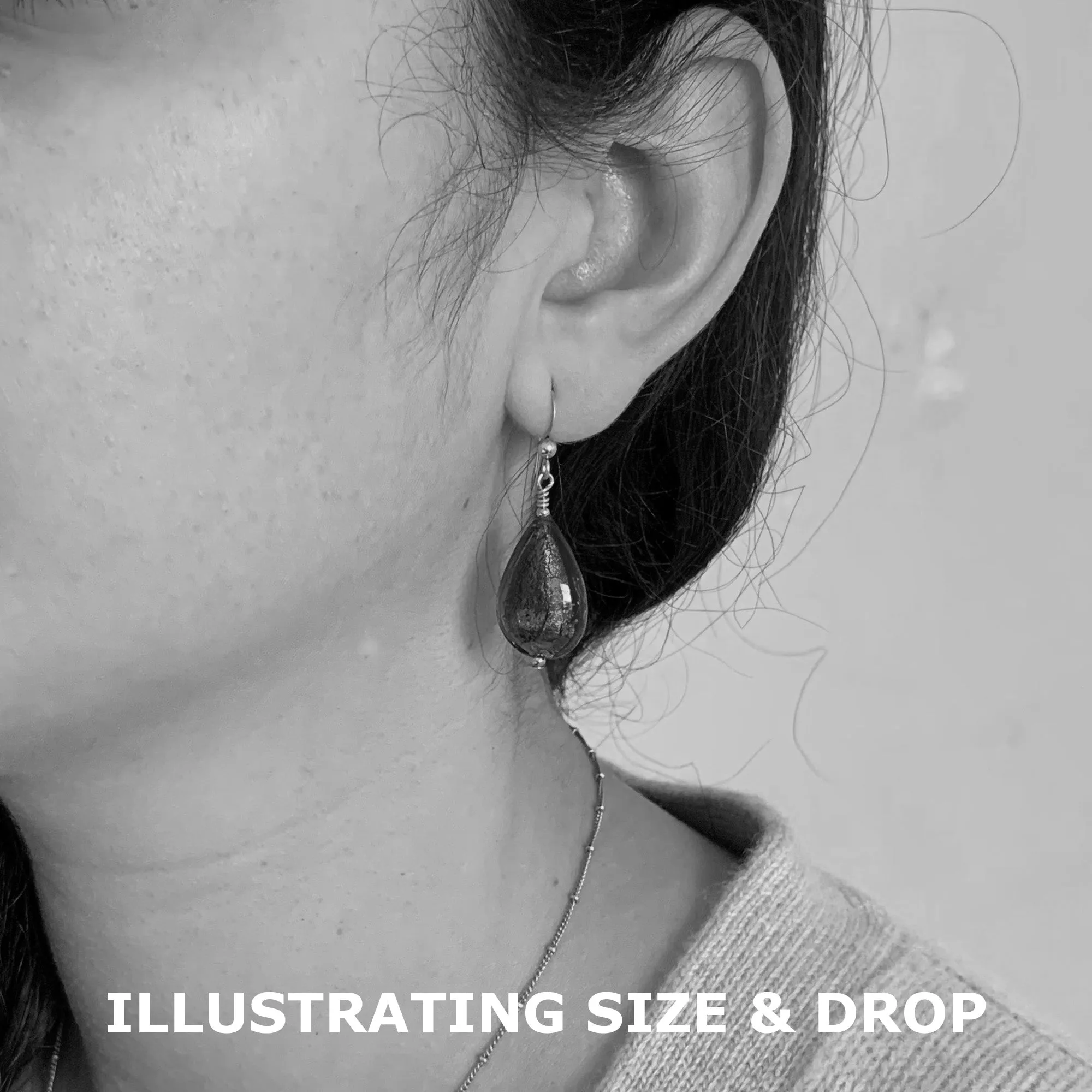 Earrings with black pastel drizzle and white gold Murano glass medium pear drops