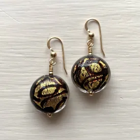 Earrings with black pastel graffiti and gold Murano glass medium lentil drops on silver or gold