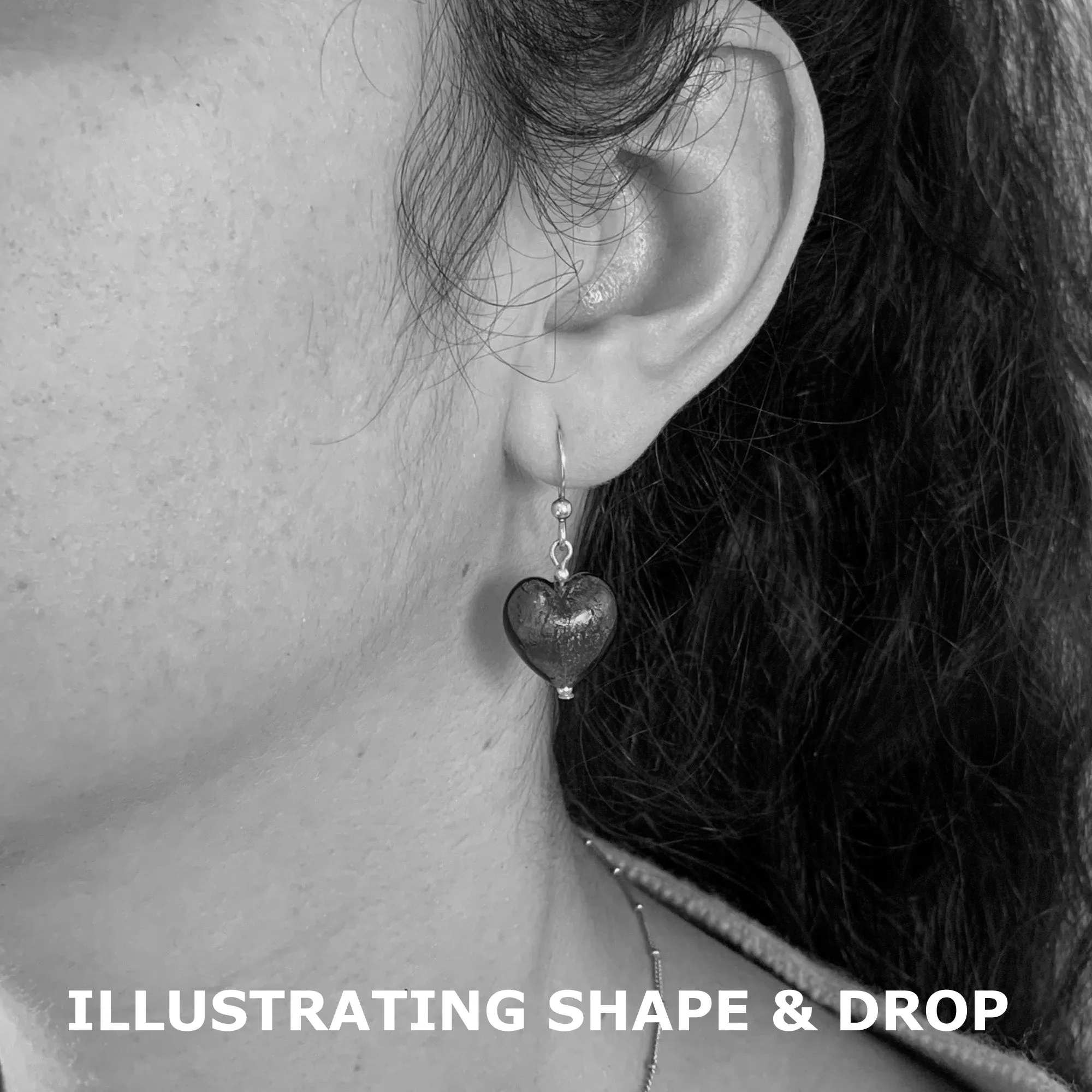 Earrings with clear crystal and silver Murano glass small heart drops on silver or gold hooks