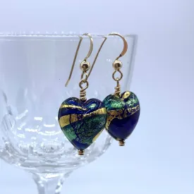Earrings with dark blue (cobalt), teal, gold Murano glass small heart drops on silver or gold