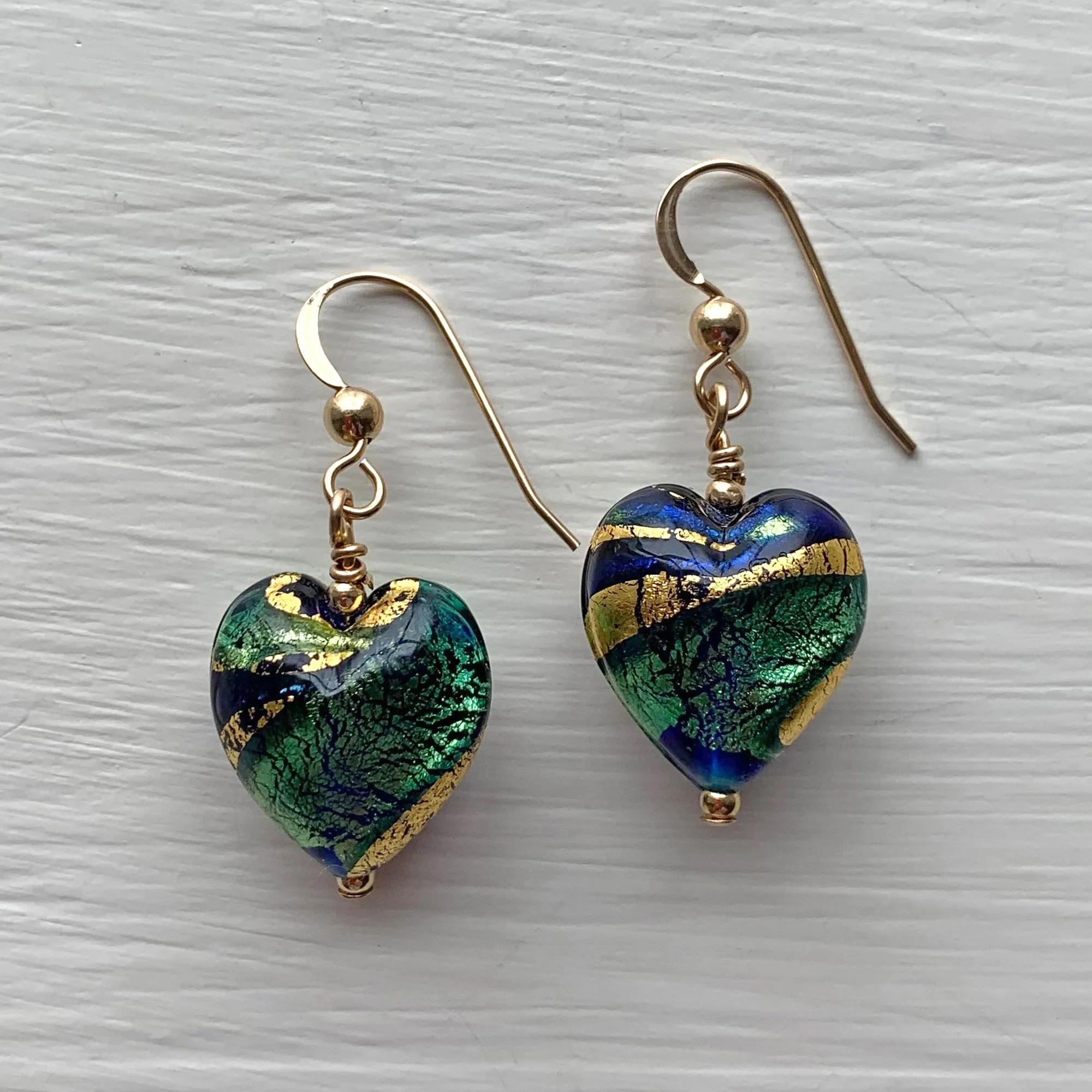 Earrings with dark blue (cobalt), teal, gold Murano glass small heart drops on silver or gold