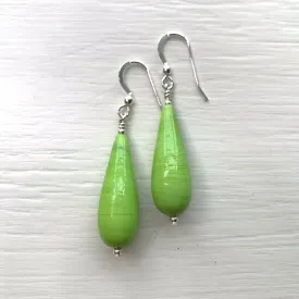 Earrings with green pastel Murano glass long pear drops on silver or gold hooks