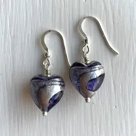 Earrings with purple velvet and violet swirl over white gold Murano glass small heart drops
