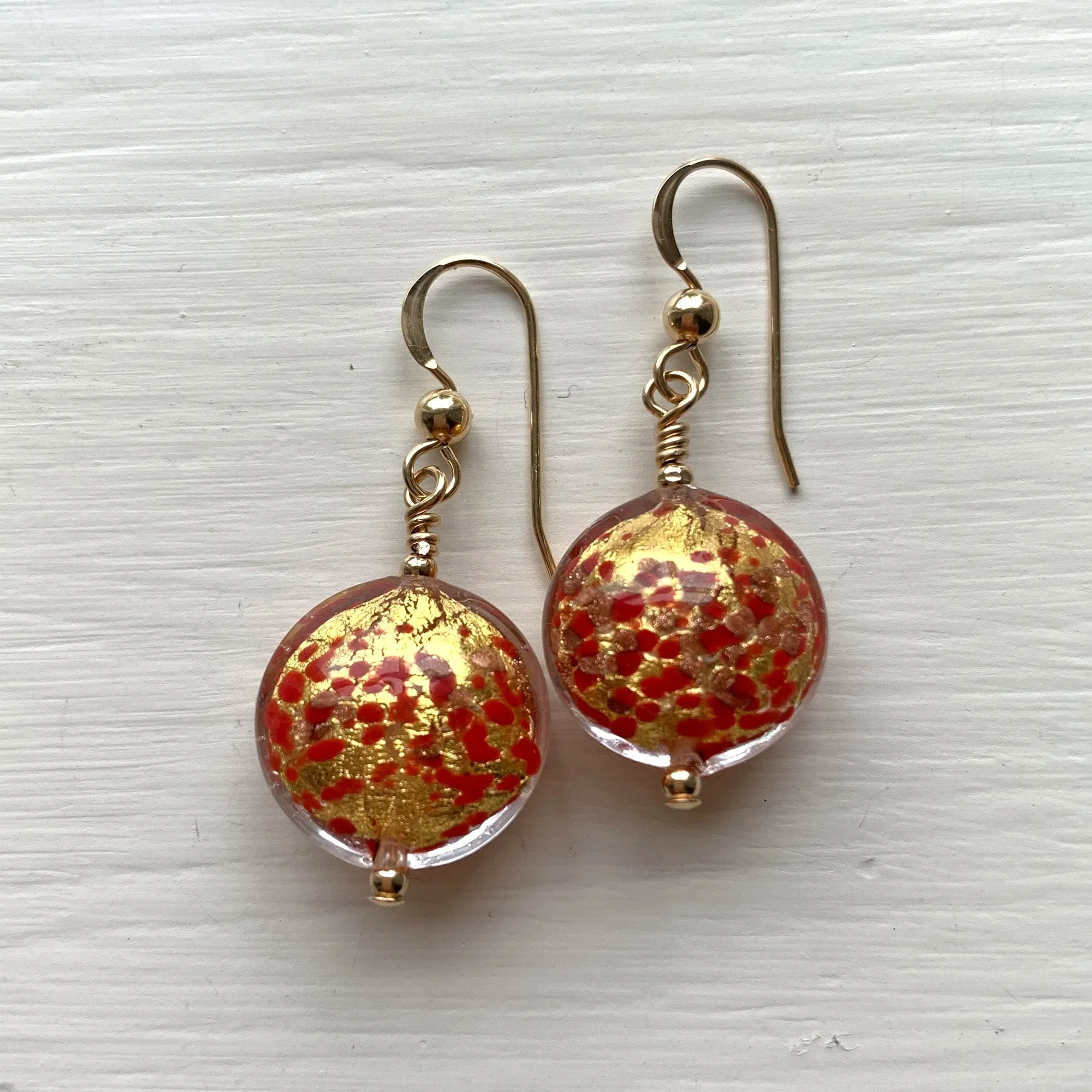 Earrings with red pastel dust aventurine dust gold Murano glass small lentil drops