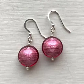 Earrings with rose pink (cerise) Murano glass small lentil drops on silver or gold hooks