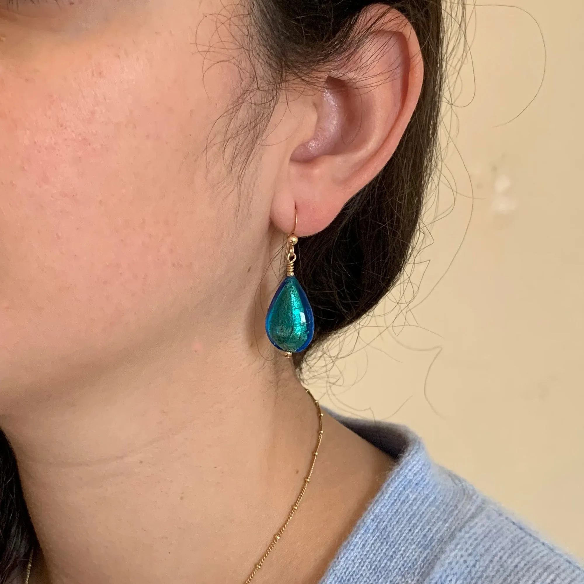 Earrings with sea green (jade, teal) Murano glass medium pear drops on silver or gold