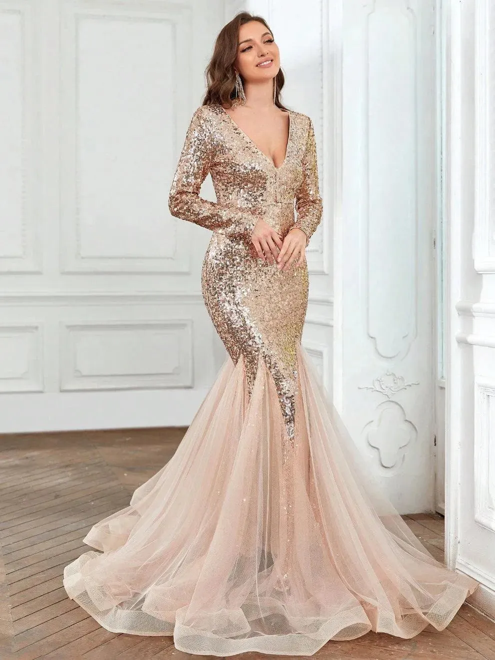 Elegant Long Sleeves Mesh Insert Mermaid Sequin Dress